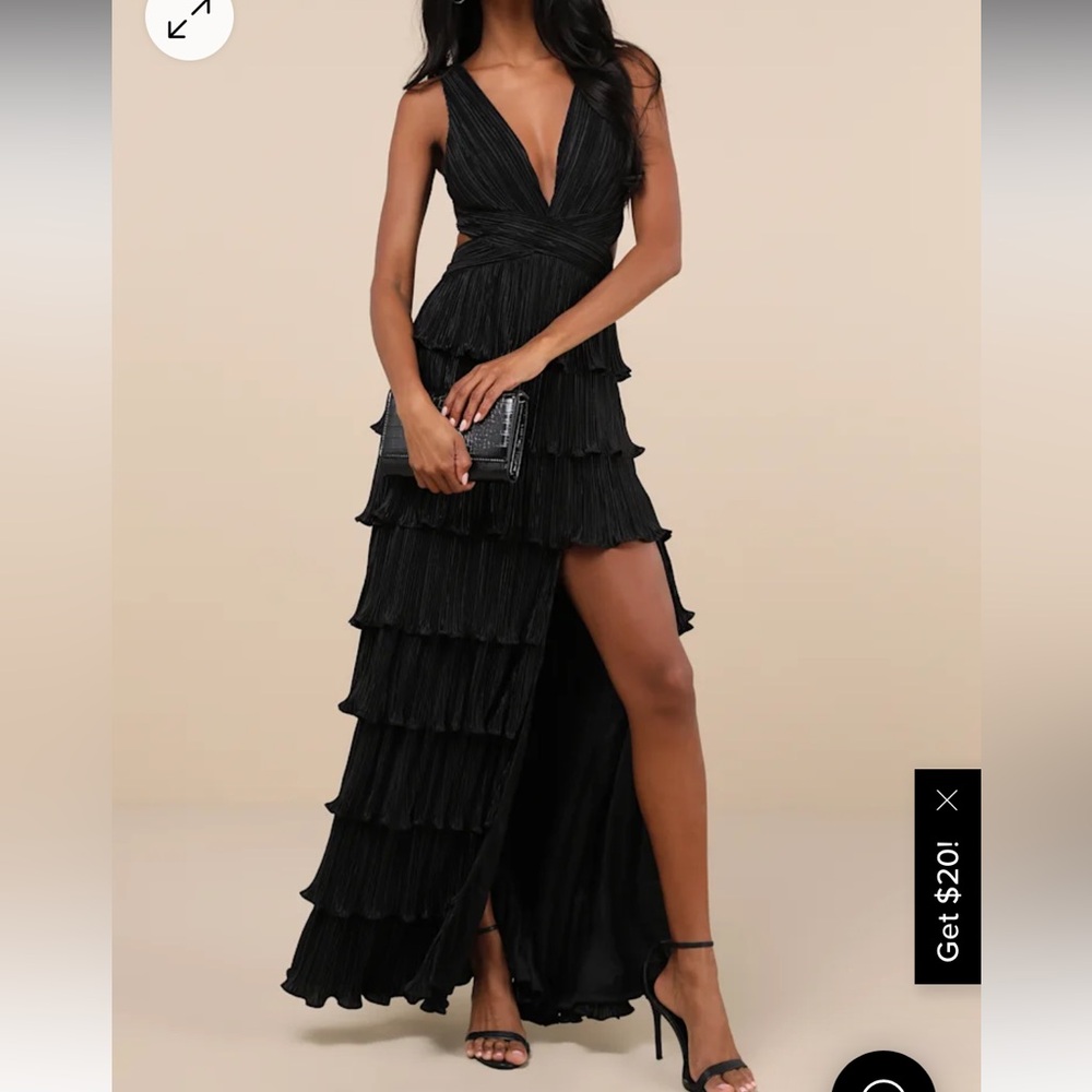 LULUS Beauty Icon Black Satin Pleated Tiered Lace-Up Maxi Dress